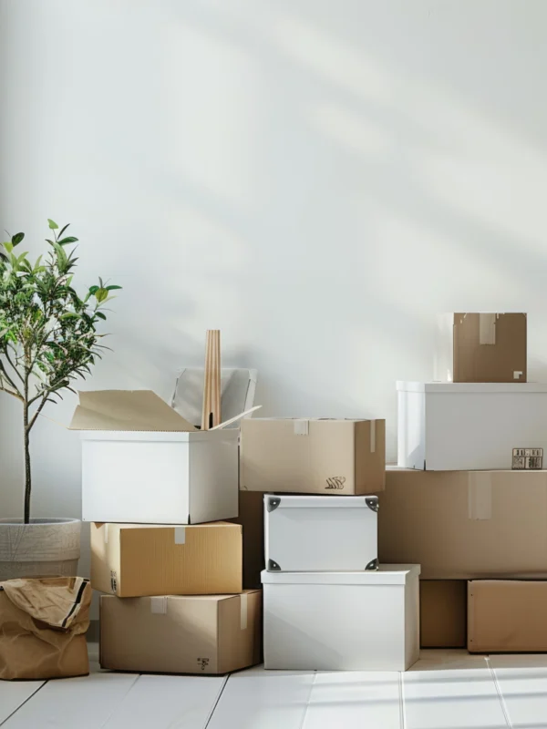 Salón de una vivienda con cajas ya embaladas y una planta, listo para la visita de valoración