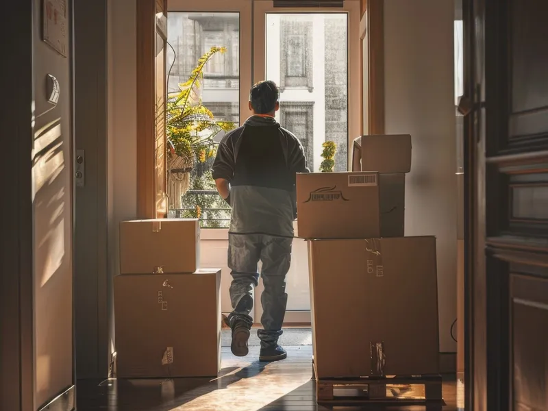 Persona de espaldas cargando cajas de carton hacia la puerta de una vivienda, a contraluz